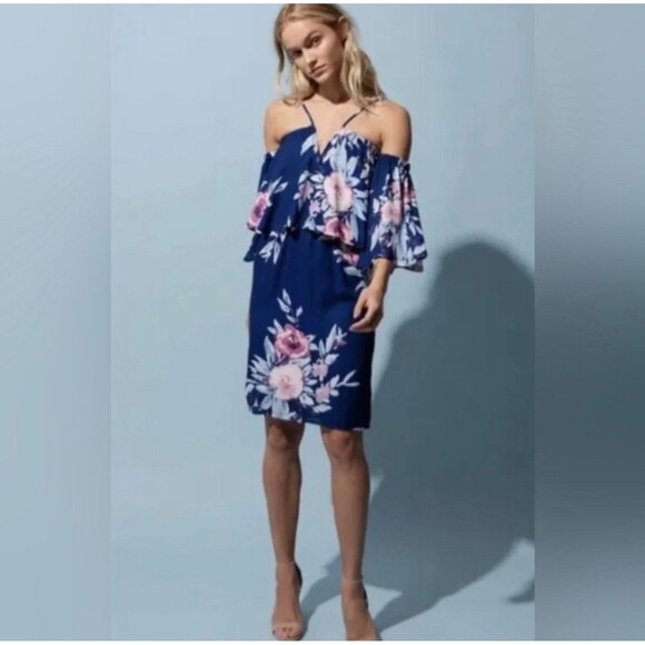 NWT Anthro YUMI KIM Size L Celine Mini Dress Women’s Blue Floral Cold Shoulder - Picture 3 of 11